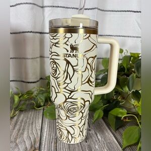 40oz Authentic Stanley Tumbler Laser Engraved with Floral Rose Seamless Design